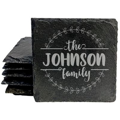 Coasters for The Family: Round Split Monogram Slate Drink Coasters with Flowers - Square Slate - Set of 8