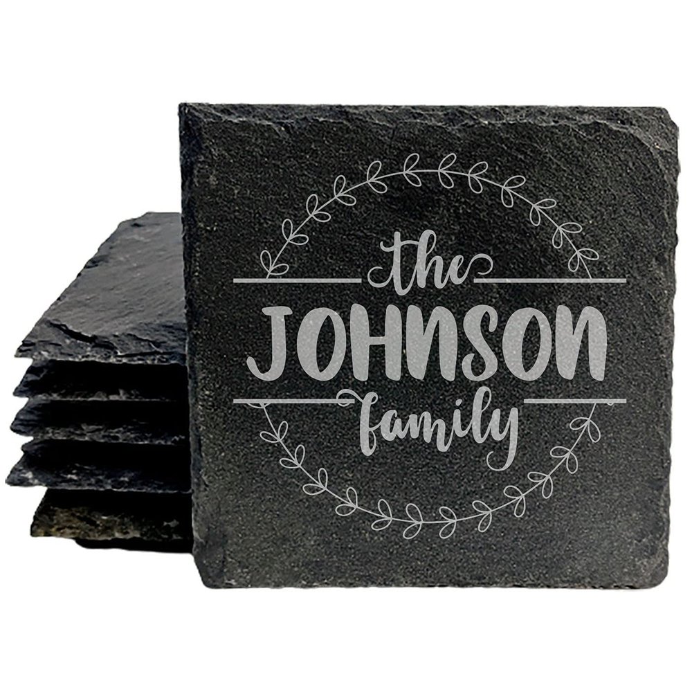 Coasters for The Family: Round Split Monogram Slate Drink Coasters with Flowers - Square Slate - Set of 8