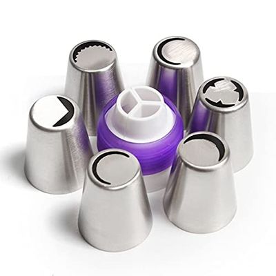 7Pcs/Set Stainless Steel Russian Tulip Icing Piping Nozzle + 1 Purple Green Adaptor Converter Cream Flower Decorating Tips - (Color: Purple)