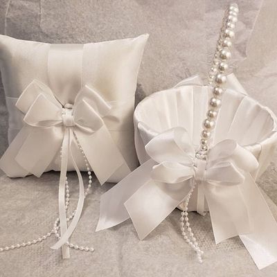 Flower Girl Basket and Ring Bearer Pillow White Wedding Decor, White Pearl Basket Pillow set (1 Pillow + 1 Basket)