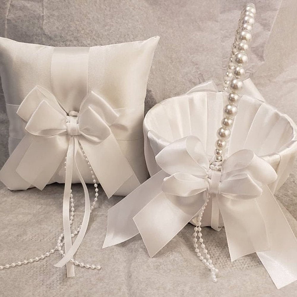 Flower Girl Basket and Ring Bearer Pillow White Wedding Decor, White Pearl Basket Pillow set (1 Pillow + 1 Basket)