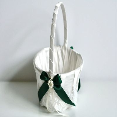 Flower Girl Basket Hunter Green, Ring Bearer Pillow Ivory and Lace Flower Basket, Wedding Ring Pillow Wedding, wedding flower girl baskets (Off-White, 2 Pillows + 2 Basket)