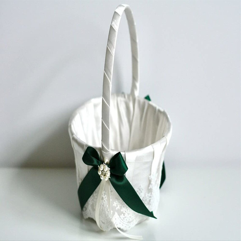Flower Girl Basket Hunter Green, Ring Bearer Pillow Ivory and Lace Flower Basket, Wedding Ring Pillow Wedding, wedding flower girl baskets (Gold, 3 Baskets Only)