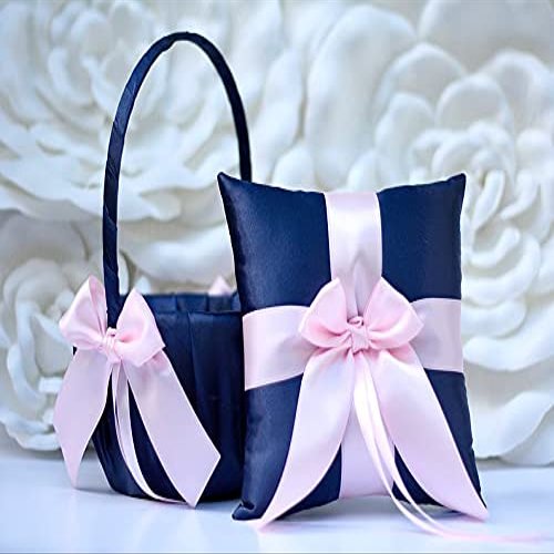 Flower Girl Basket and Ring Bearer Pillow Set Navy Blush Wedding Basket, Navy Blue Basket, Navy Ring Pillow Blush, Flower Girl Gift (1 Pillow + 1 Basket)