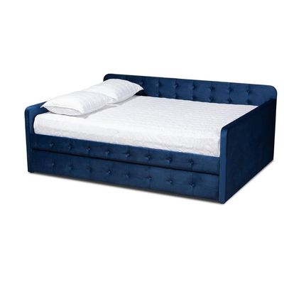 Baxton Studio Jona Navy Blue Velvet Upholstered Queen Size Daybed with Trundle