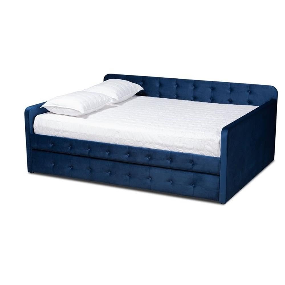 Baxton Studio Jona Navy Blue Velvet Upholstered Queen Size Daybed with Trundle