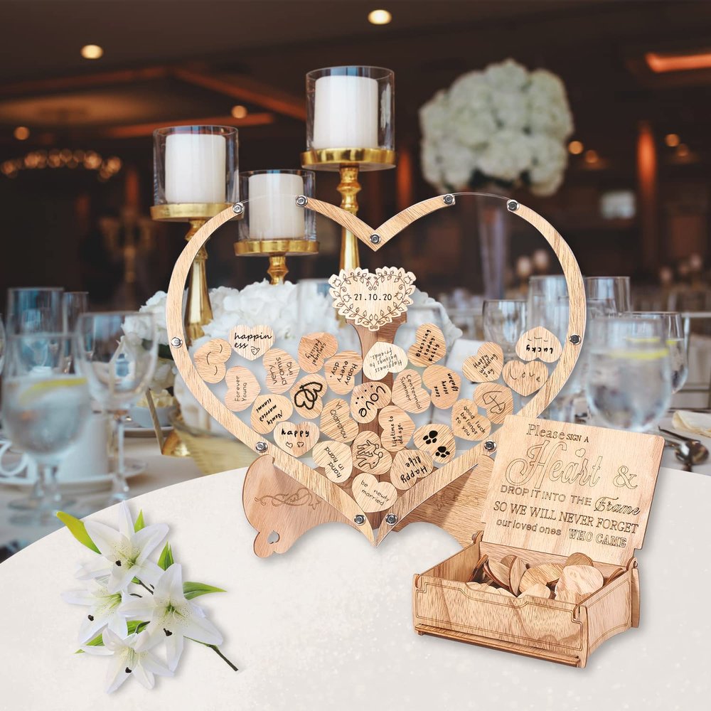 5665 Guest Book Alternative, Drop Top Frame Guest Sign Book Wedding Gift for Wedding, Birthday, Anniversary with Wooden Hearts (Flower)