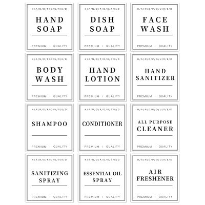 12 PCS Waterproof Glass/Plastic Bottle Labels - Farmhouse Bathroom/Kitchen Hand Soap Dispenser Label Stickers, Removable Cleaning Labels for Lotion, Shampoo and Conditioner
