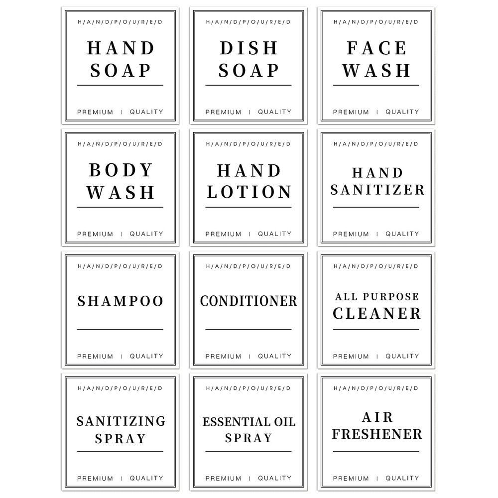 12 PCS Waterproof Glass/Plastic Bottle Labels - Farmhouse Bathroom/Kitchen Hand Soap Dispenser Label Stickers, Removable Cleaning Labels for Lotion, Shampoo and Conditioner