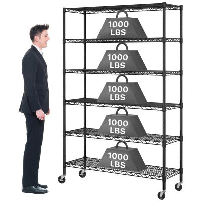 Dkeli 6-Tier Heavy Duty Commercial Shelving Unit - 6000lb Capacity Steel Wire Rack with Wheels, Adjustable NSF Garage Storage Shelf, Black (48" L x 18" W x 72" H), Black