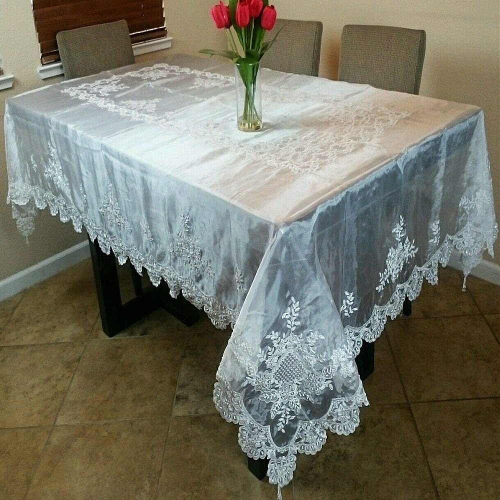 72x126'' Handmade Beaded Pearl Embroidered Sheer Napkins Wedding Bridal Ivory Tablecloth