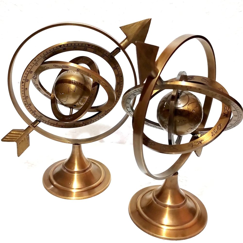 2 Piece Brown Antique Brass Armillary Sphere Nautical Maritime Astrolabe Engraved Globe
