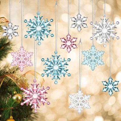 45 Pcs Acrylic Snowflake Ornaments for Winter 3 Styles Pink and Blue Crystal Tree Decoration Clear Plastic Xmas Tree Pendant for Winter Snow Theme DIY Decorations