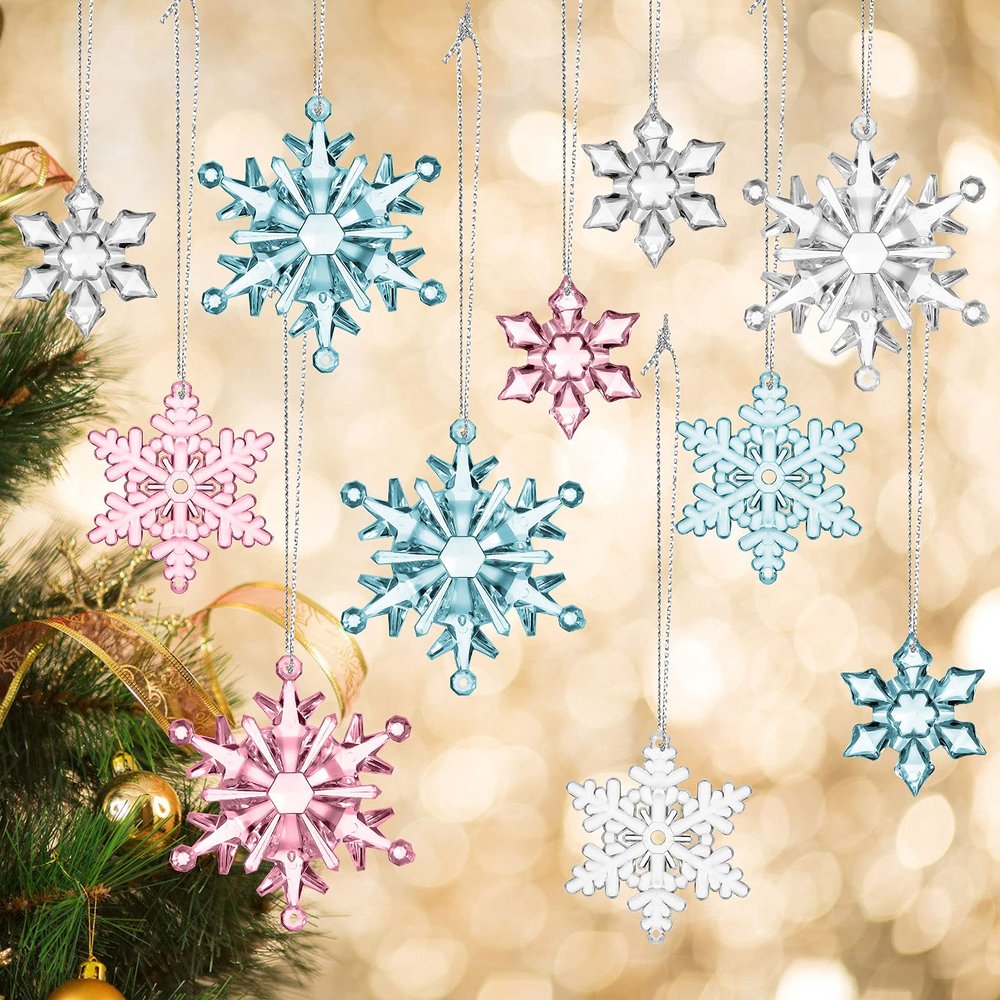 45 Pcs Acrylic Snowflake Ornaments for Winter 3 Styles Pink and Blue Crystal Tree Decoration Clear Plastic Xmas Tree Pendant for Winter Snow Theme DIY Decorations