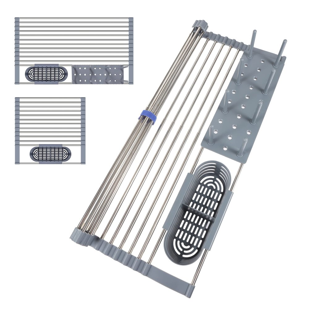 Bbiubiu Expandable Roll Up Dish Drying Rack12-23'',Retractable Dish Drying Rack Over The Sink,Foldable Stainless Steel Dish Drainer for Kitchen,Dishes,Cups,Fruits,Vegetables,Spoons,Forks