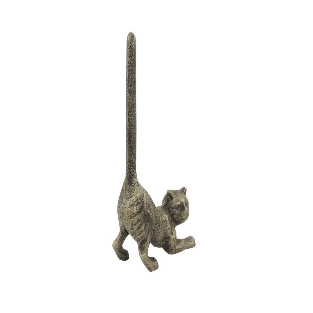 Handcrafted Nautical Decor Rustic Gold Cast Iron Cat Paper Towel Holder 10"