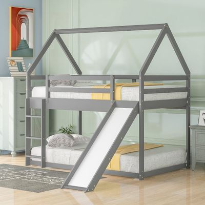 RUNNA Twin Over Twin Floor Bunk Bed, House Shaped Bunk Beds with Slide and Roofs, Wood Twin Size House Bunk Bed for Toddlers/Kids/Teens, Girls, Boys (Gray)