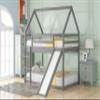 RUNNA Twin Over Twin Floor Bunk Bed, House Shaped Bunk Beds with Slide and Roofs, Wood Twin Size House Bunk Bed for Toddlers/Kids/Teens, Girls, Boys (Gray) view 3