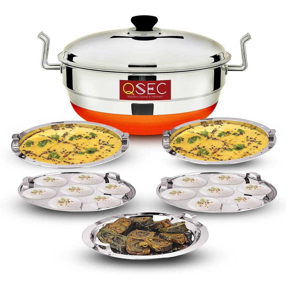QSEC QE-5G Stainless Steel Idli Cooker Multi Kadai Steamer with Copper Bottom All-in-One Big Size 5 Plate 2 Idli | 2 Dhokla | 1 Patra | Momo's | 3 in 1 | 285 mm Dia.