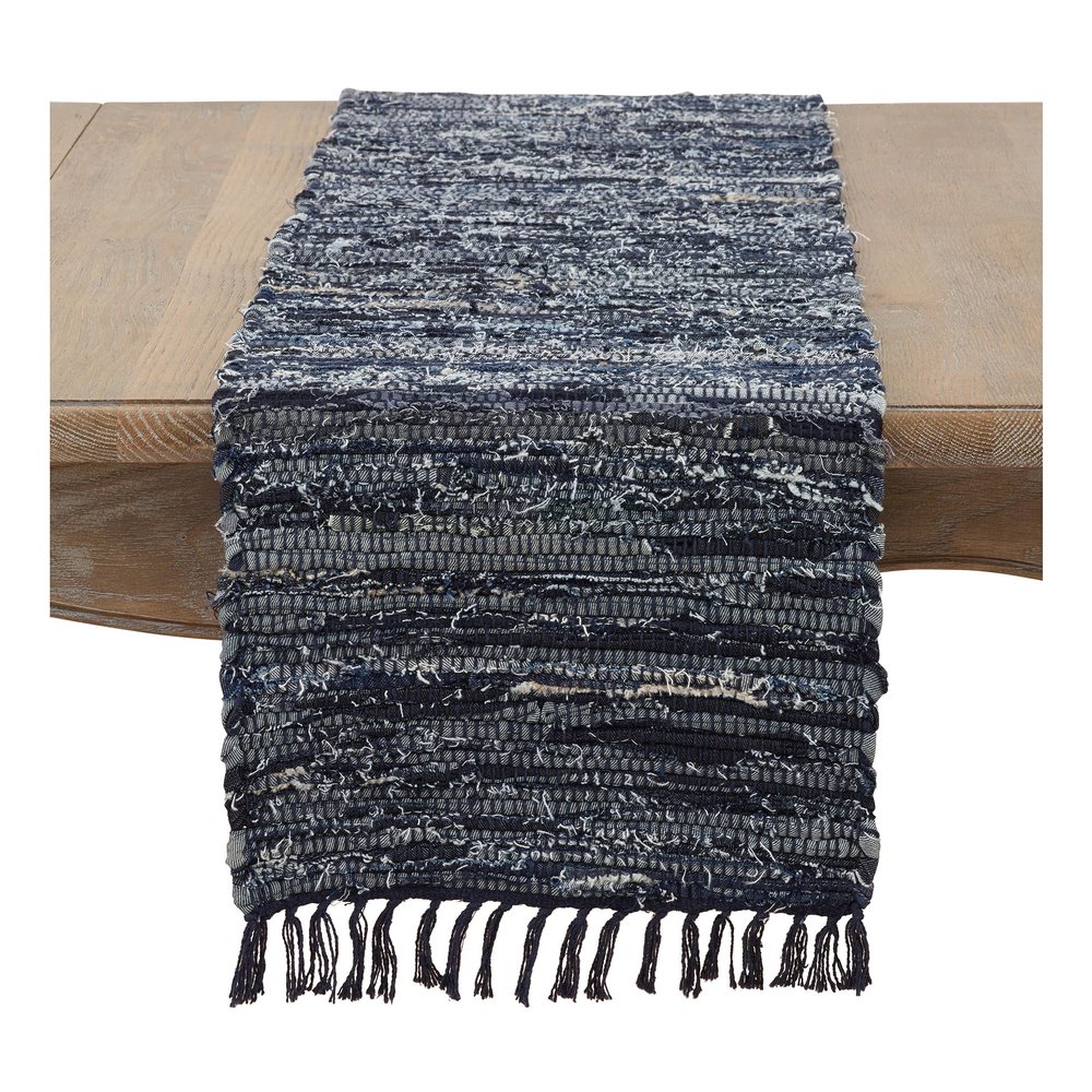 Occasion Gallery Navy Blue 100% Cotton Denim Chindi Kitchen Dining Table Runner, 13" X 120"