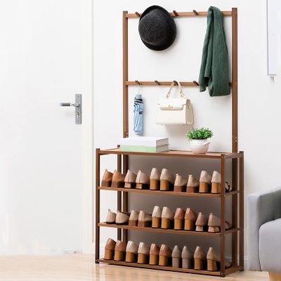 LJHSS Bamboo Coat Rack,4-Tier Shoe Coat Storage Rack, Hall Tree Entryway Storage Organizer for Mudroom, Hallway, Foyer etc, 8/10 Double Hooks,Easy Assembly