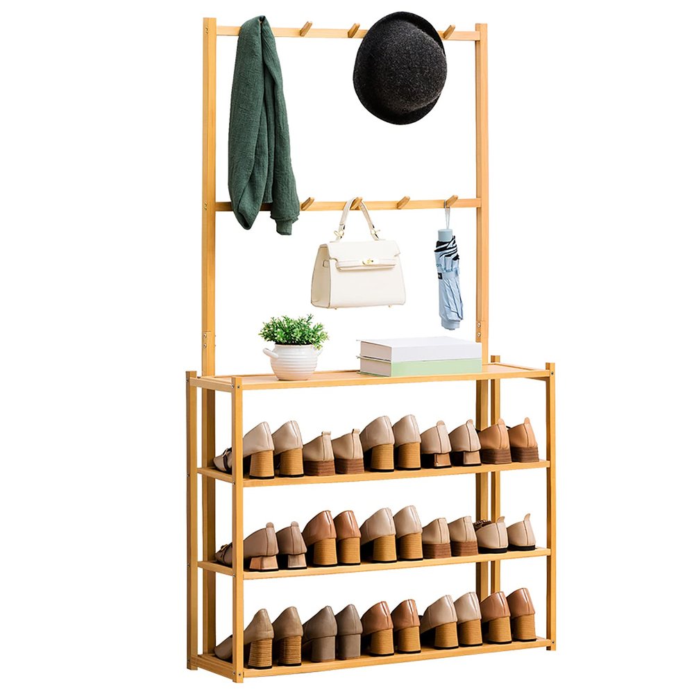 LJHSS Bamboo Coat Rack,4-Tier Shoe Coat Storage Rack, Hall Tree Entryway Storage Organizer for Mudroom, Hallway, Foyer etc, 8/10 Double Hooks,Easy Assembly
