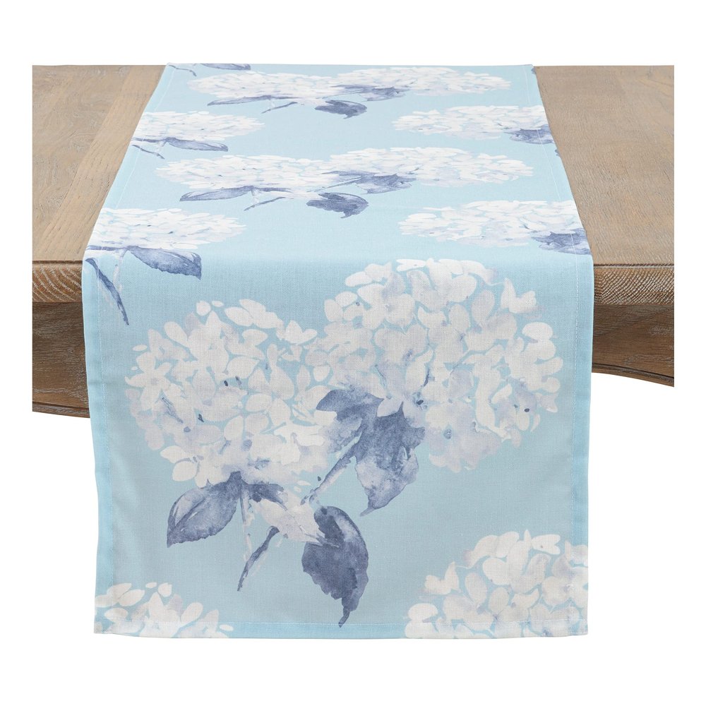 Occasion Gallery Aqua 100% Polyester Printed Hydrangea Kitchen Dining Table Runner, 16" X 108"