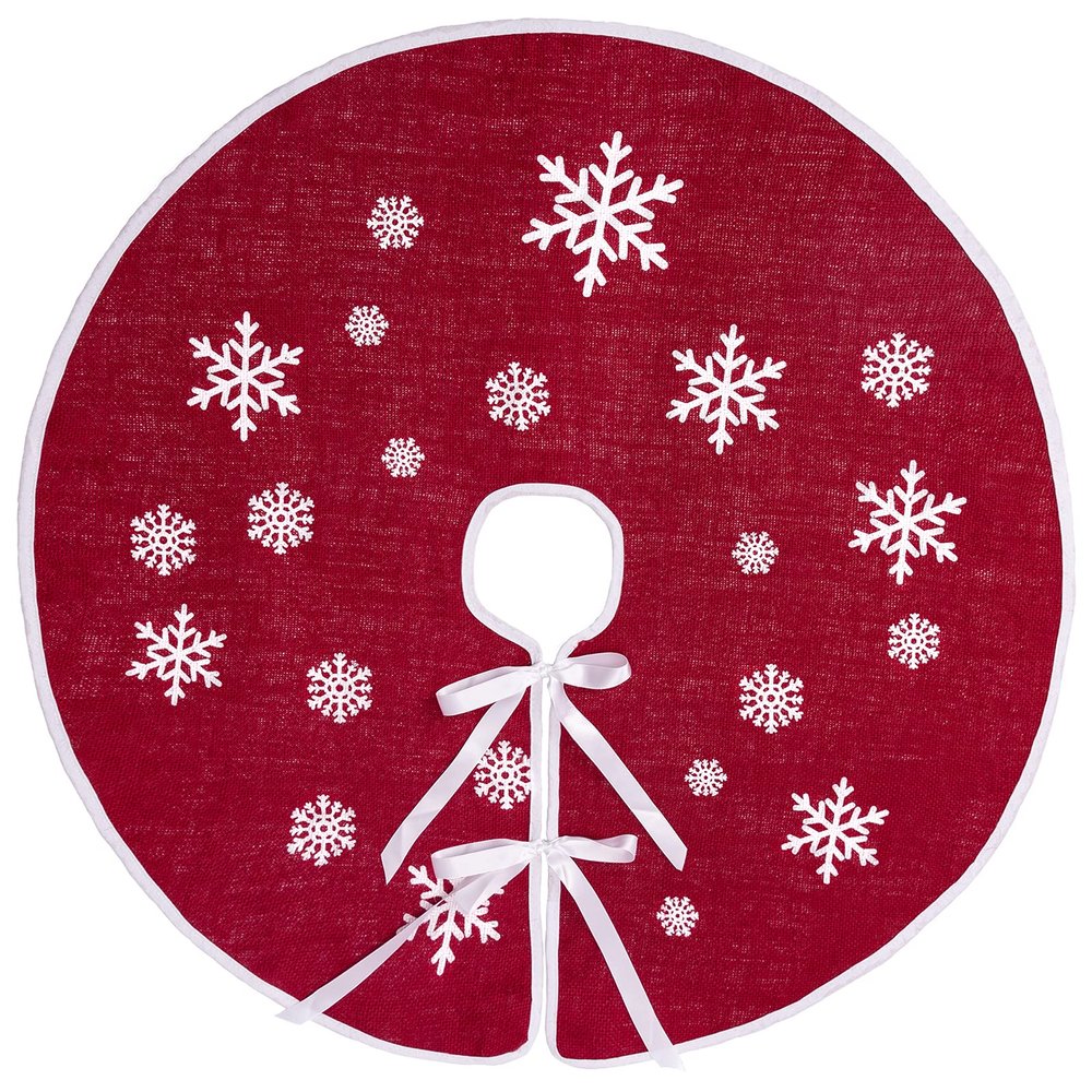 N&T NIETING Christmas Tree Skirt, 36 Inch Rustic Burlap Tree Skirt with White Snowflakes Printed Xmas Tree Ornament Christmas Holiday Party Decoration, Red