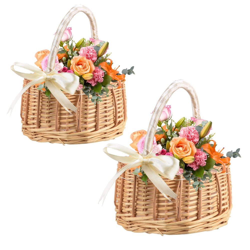 2Pcs Wicker Rattan Flower Basket,Willow Handwoven Basket Wedding Flower Girl Baskets with Handle and Ribbon Bow for Storage