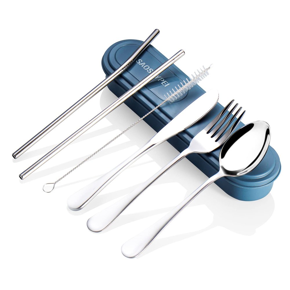 SAOSHYPEI 7-Piece Travel Utensils Set with Case and Straws, Blue