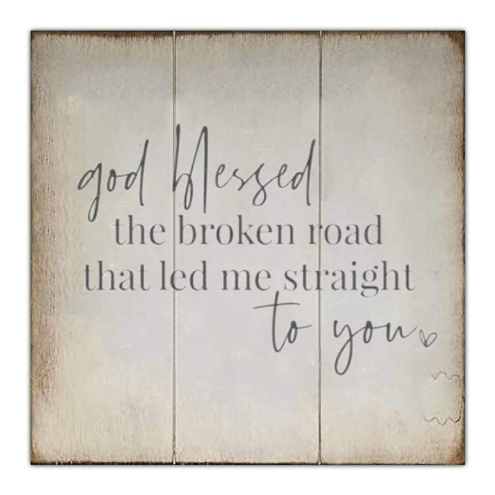 Aihesui Wood Signs Wall Hanging Wall Decoration God Blessed the Broken Road Sign for Living Room Kitchen Batheroom Bedroom Office School 12x12inch
