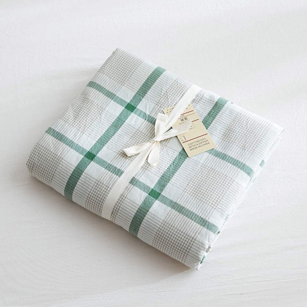 100% Natural Washed Cotton Duvet Cover,Stripe Plaid Print Luxury Soft Comfortable Breathable with Zipper Corner Ties Quilt Cover-x 180x200cm(71x79inch)