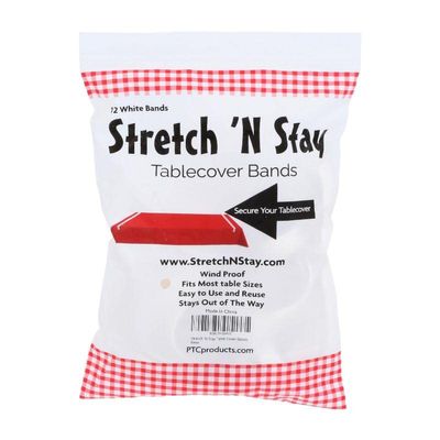 Easily Secure Any Table Cloth or Plastic Table Cover. Table Cloth Holder with no Bulky Table Clips, bungees or Table Weights, Simply Stretch Over the Table Ends to Secure Cloth or Plastic Cover.