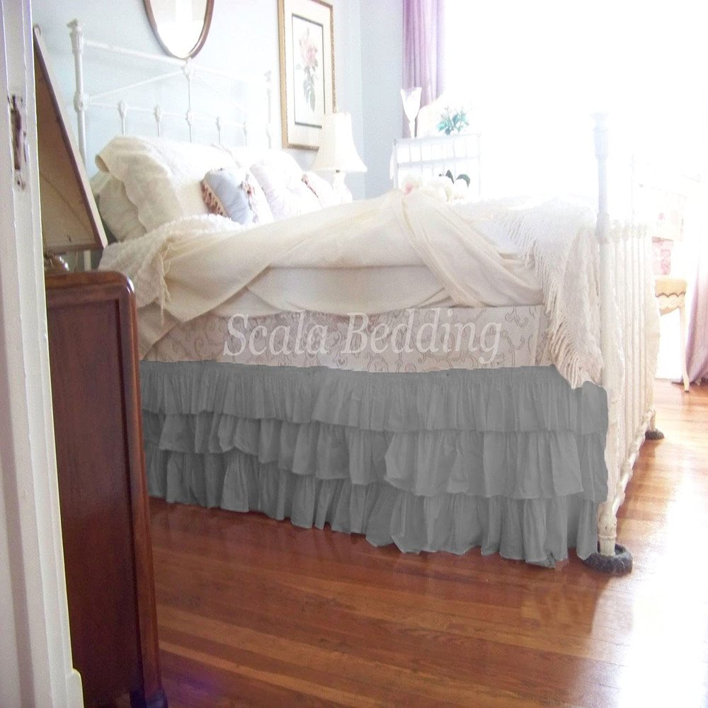 1 Piece Solid 30" Drop Split Corner Multi Ruffle Bed Skirt 600TC Egyptian Cotton (Light Gray, Queen)