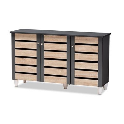 BOWERY HILL Modern Shoe Cabinet, Two-Tone Oak and Dark Gray Finish, 3-Door Design with 4 Shelves, Particle Board Construction, Ventilated Doors, Magnetic Closures, Storage for Up to 14 Pairs, Indoor