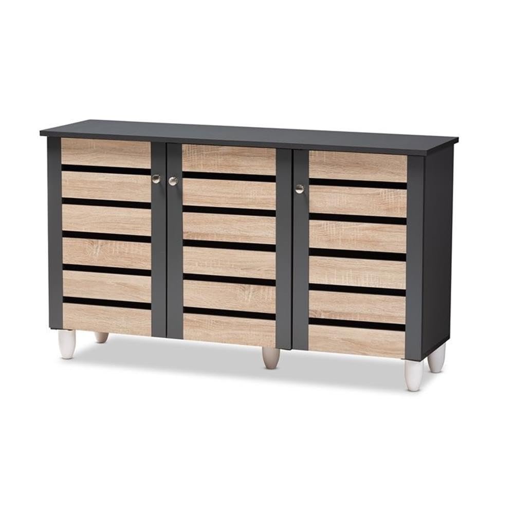 BOWERY HILL Modern Shoe Cabinet, Two-Tone Oak and Dark Gray Finish, 3-Door Design with 4 Shelves, Particle Board Construction, Ventilated Doors, Magnetic Closures, Storage for Up to 14 Pairs, Indoor