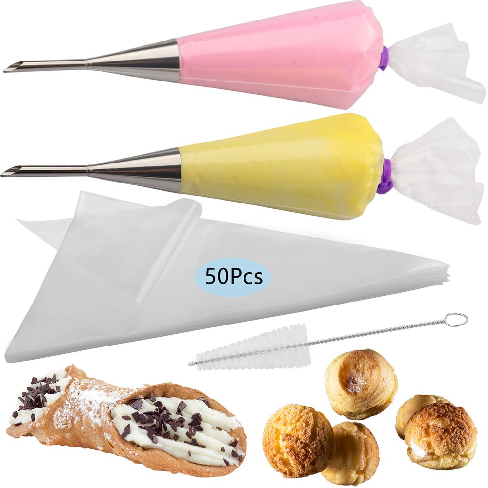2Pcs Cream Icing Piping Nozzle Tip Stainless Steel,Long Puff Nozzle Tip with 50Pcs Disposable Pastry Piping Bags Cupcake and Puff Filling Kit Decorating Tool Supplies