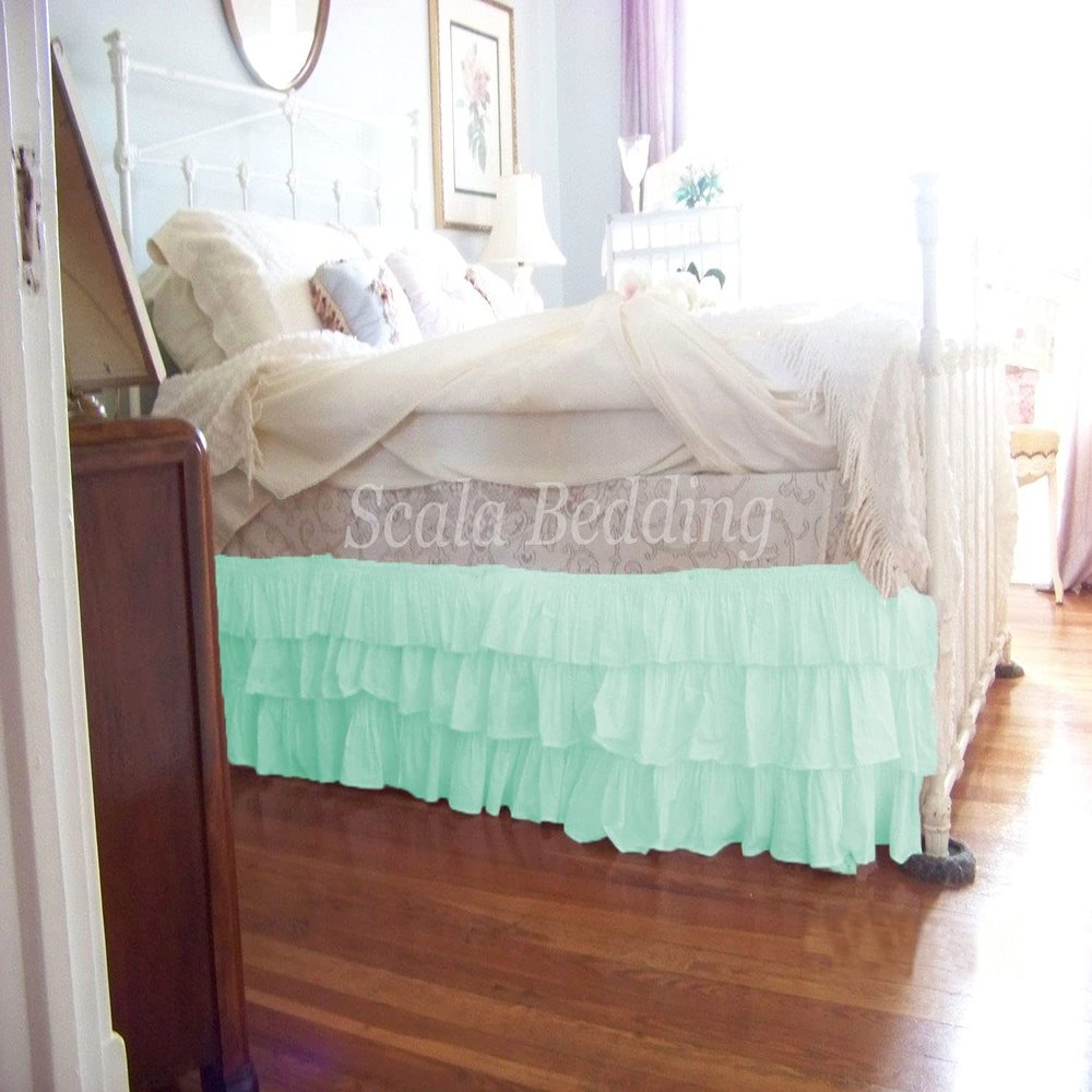 1 Piece Solid 30" Drop Split Corner Multi Ruffle Bed Skirt 600TC Egyptian Cotton (Aqua, Twin)