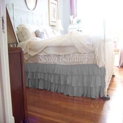 1 Piece Solid 30" Drop Split Corner Multi Ruffle Bed Skirt 600TC Egyptian Cotton (Light Gray, Twin)