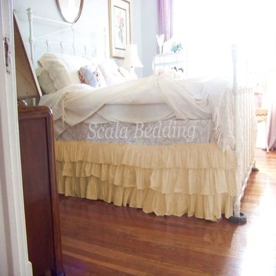 1 Piece Solid 30" Drop Split Corner Multi Ruffle Bed Skirt 600TC Egyptian Cotton (Beige, Twin XL)