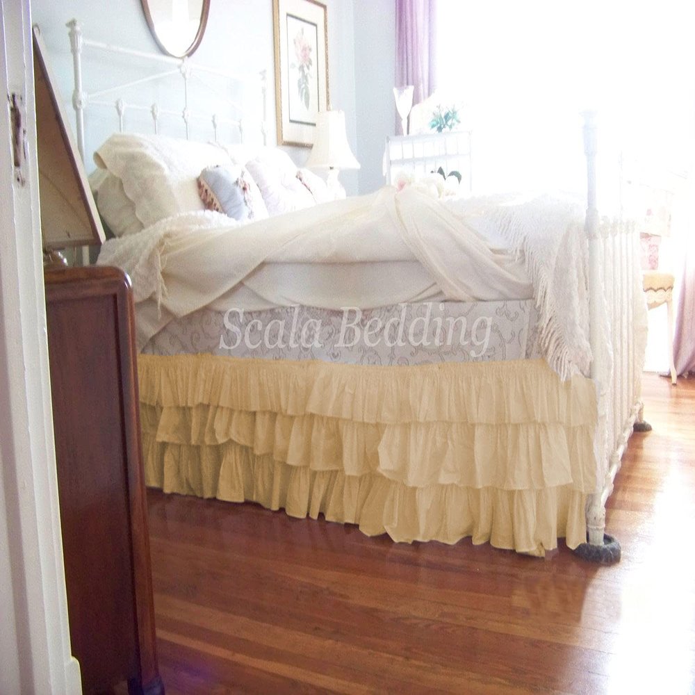 1 Piece Solid 30" Drop Split Corner Multi Ruffle Bed Skirt 600TC Egyptian Cotton (Beige, Twin XL)