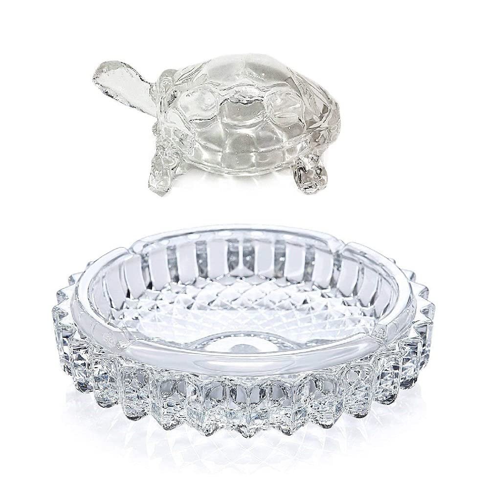 The Pooja Shop Vastu Feng Shui Crystal Turtle Tortoise with Plate for Good Luck Feng Shui Tortoise Turtle Best Gift for Career & Luck-13 cm
