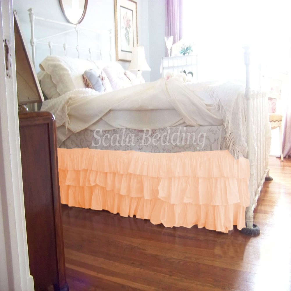 1 Piece Solid 30" Drop Split Corner Multi Ruffle Bed Skirt 600TC Egyptian Cotton (Peach, Full)