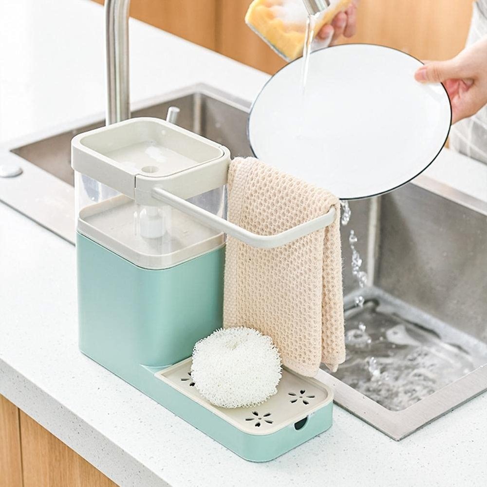 4-in-1 Dish Dispenser for Kitchen, Plastic Multifuctional Dispenser with Sponge Holder Sink Dish Pump Dispenser for Countertop Bathroom Kitchen Supplies