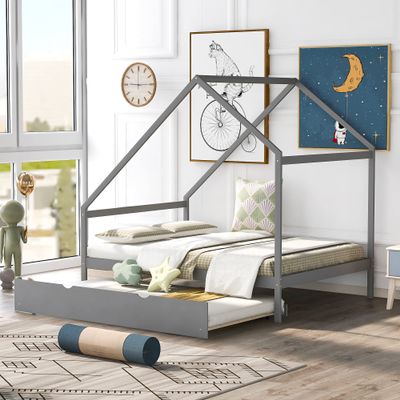 Wooden House Bed Full Size Daybed with Twin Size Trundle Bed, Platform Bed with Roof, Can be Decorated, Solid Wood House Bed Frame for Kids, Teen, Toddler (Gray)