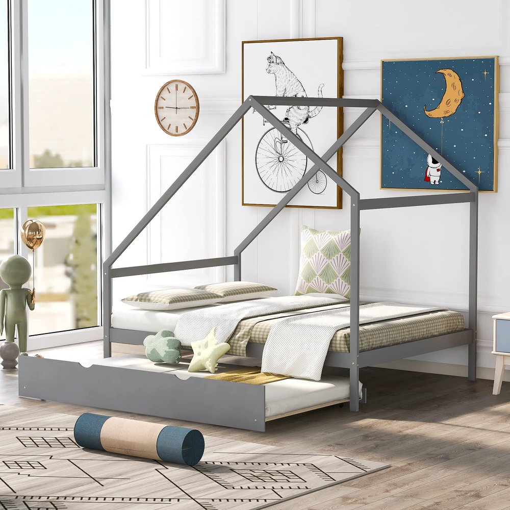 Wooden House Bed Full Size Daybed with Twin Size Trundle Bed, Platform Bed with Roof, Can be Decorated, Solid Wood House Bed Frame for Kids, Teen, Toddler (Gray)