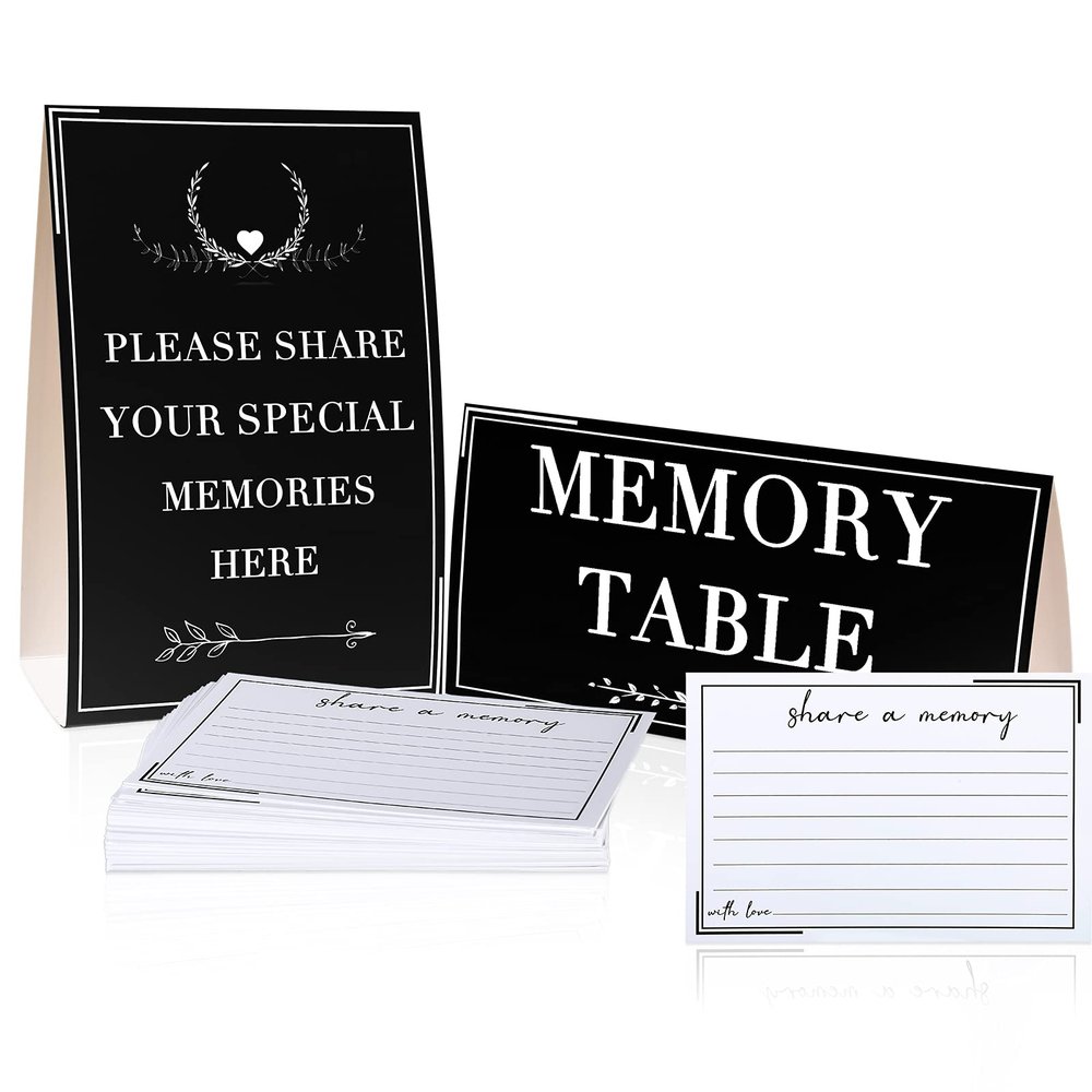 Outus 52 Pack Share a Memory Cards with 2 Table Sign Cards, 6x4 Inch Celebration of Life Funeral Decorations for Memorial Service Wedding Birthday Graduation Retirement Party (Black)