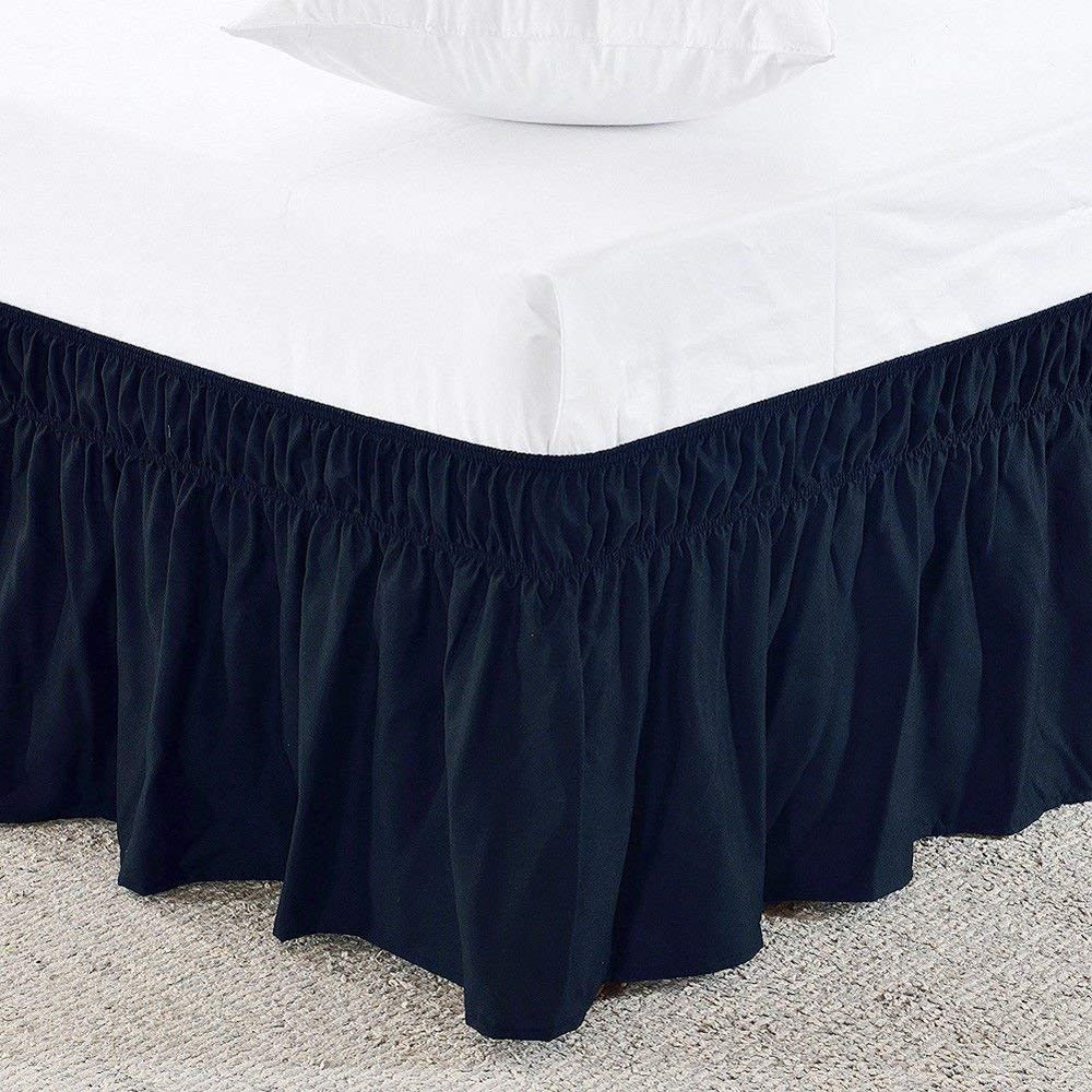 Amuze Bedding Easy Fit Elastic Wrap Around Ruffled BedSkirt Recron Drop Length 15 Inches (Navy Blue,Expanded Queen)