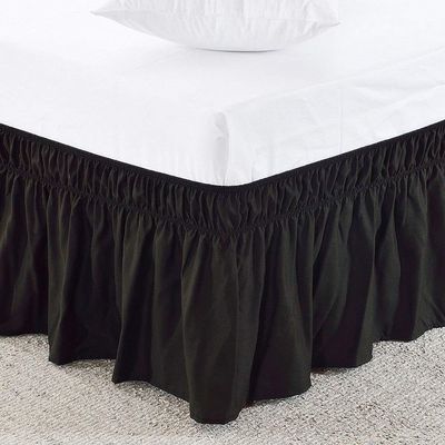 Amuze Bedding Easy Fit Elastic Wrap Around Ruffled BedSkirt Recron Drop Length 15 Inches (Black,Short Queen)