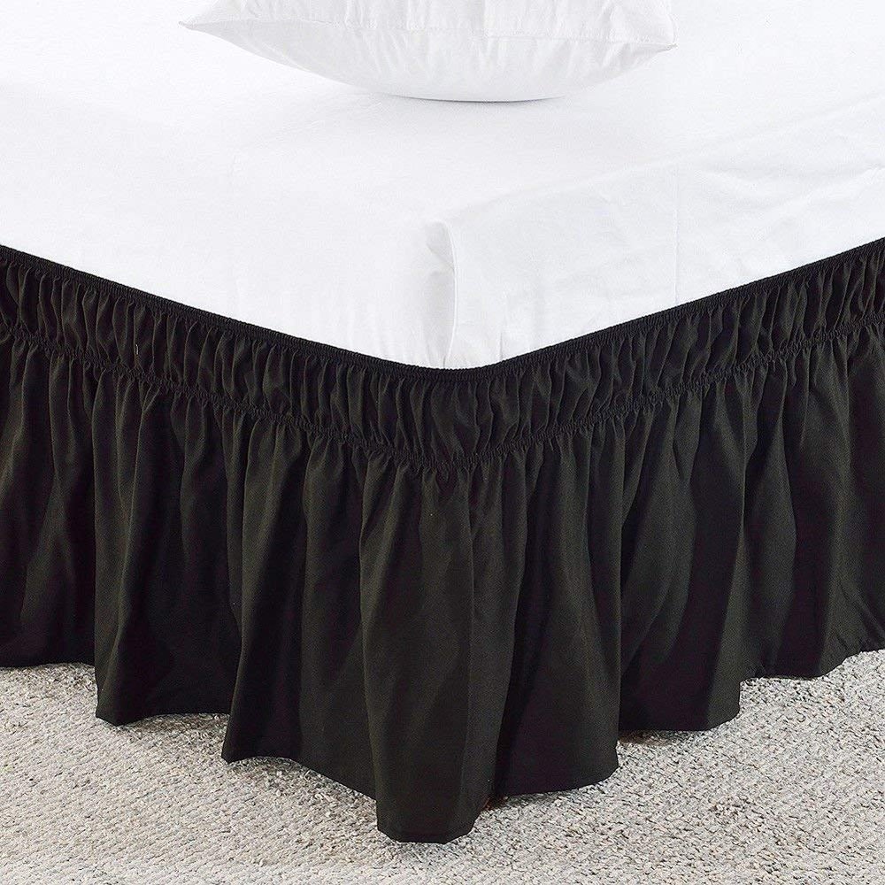 Amuze Bedding Easy Fit Elastic Wrap Around Ruffled BedSkirt Recron Drop Length 15 Inches (Black,Short Queen)
